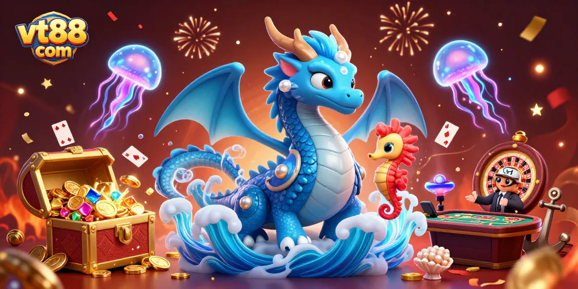 Experience exciting gaming at vt88 com with a vibrant 3D casino scene featuring a majestic dragon and thrilling game elements.