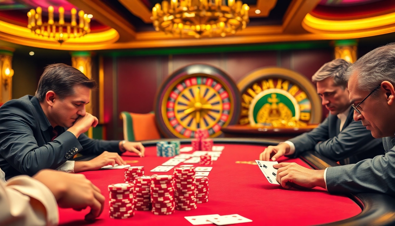 Experience the excitement of PG88 with players in action at a vibrant poker table in a luxurious casino setting.
