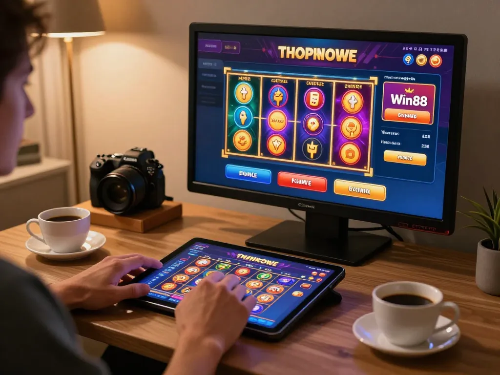 Win88 online casino interface with engaging slots gameplay and dynamic promotional offers showcased on tablet.