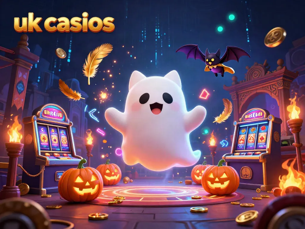 Engage with uk casinos featuring a ghost cat and vampire bat in a vibrant haunted gaming scene.