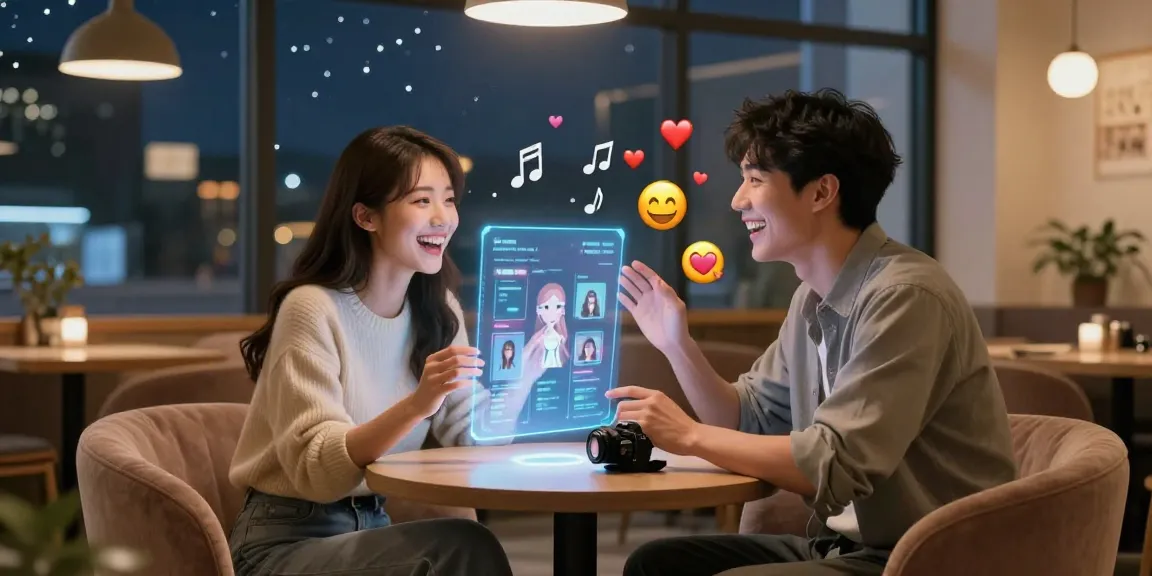 AI girlfriend avatar interaction in a cozy virtual café, capturing joy and connection.