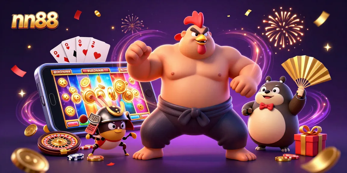 nn88 slots journey with a powerful rooster, fierce cricket, and tanuki announcer amidst casino excitement