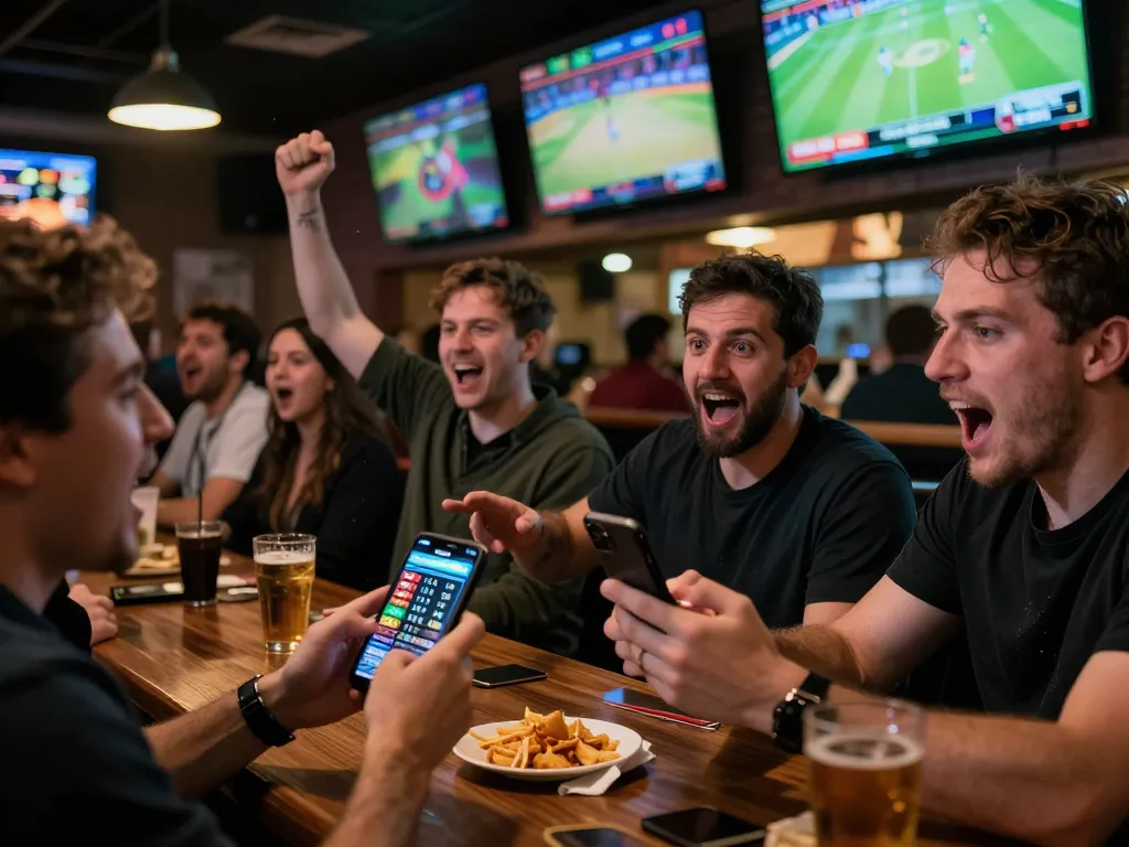 Experience kèo nhà cái hôm nay with energized sports bettors cheering and placing bets at a lively sports bar