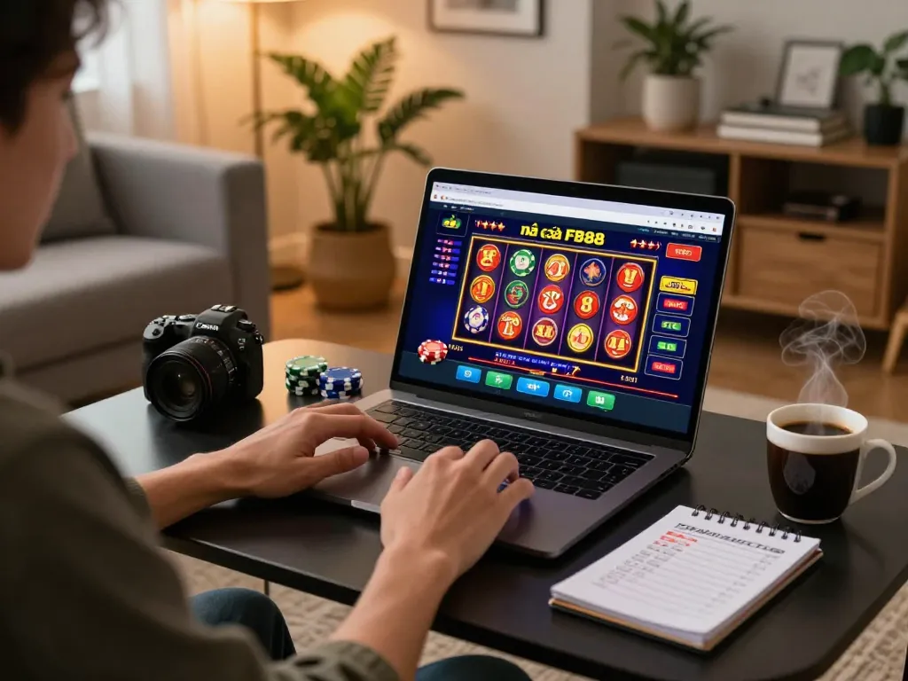 Engaged user placing bets on nhà cái FB88 website in a cozy home casino setup, showcasing dynamic online gaming atmosphere.