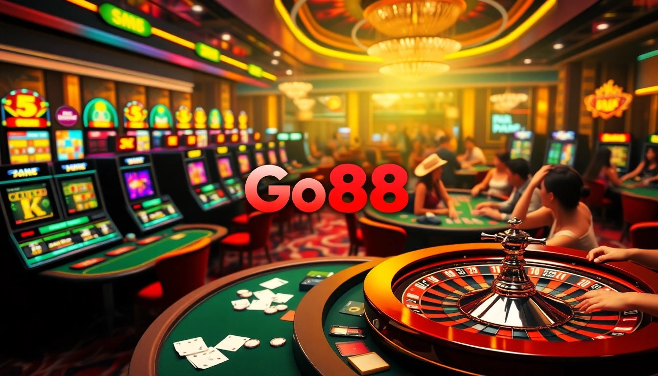 Engage in online gambling excitement with tải go88 at vibrant casino tables featuring slot machines and poker games.