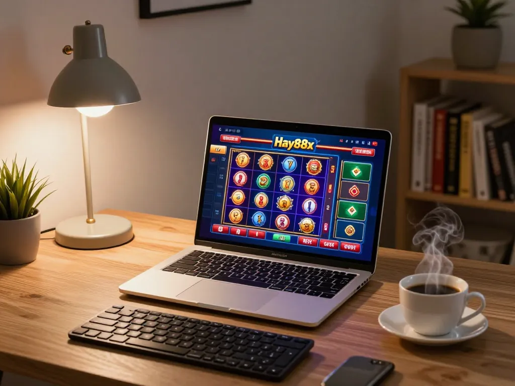 Experience thrilling online gaming at hay88x with a stylish home setup showing vibrant slots.