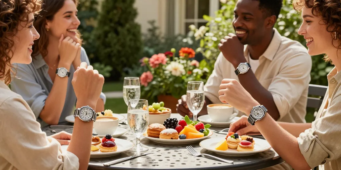 Group of friends showcasing elegant replica watches during a stylish garden brunch gathering.