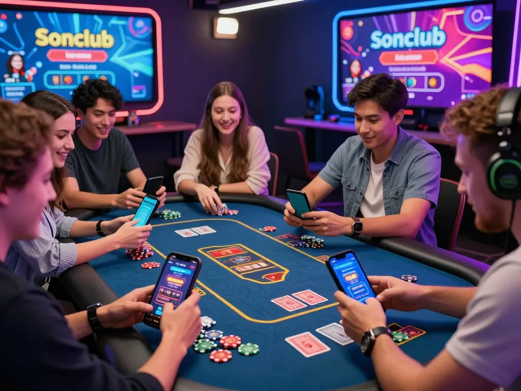 A diverse group of gamers engaged in online casino games, displaying excitement while using the Sonclub app, capturing the joy of tải sonclub in a vibrant digital gaming environment.