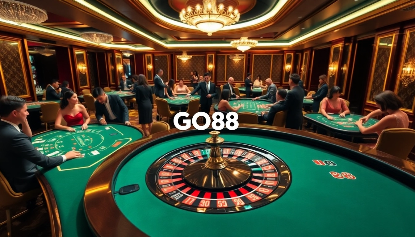 Players enjoy a thrilling experience at Nhà Cái GO88 casino tables with chips and cards.