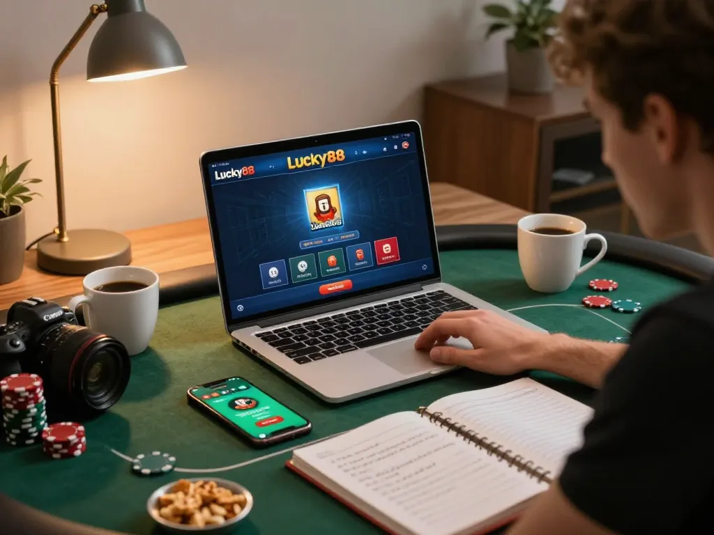 Engaging players using Lucky88 on a laptop during a home poker game, showcasing relaxed gaming atmosphere