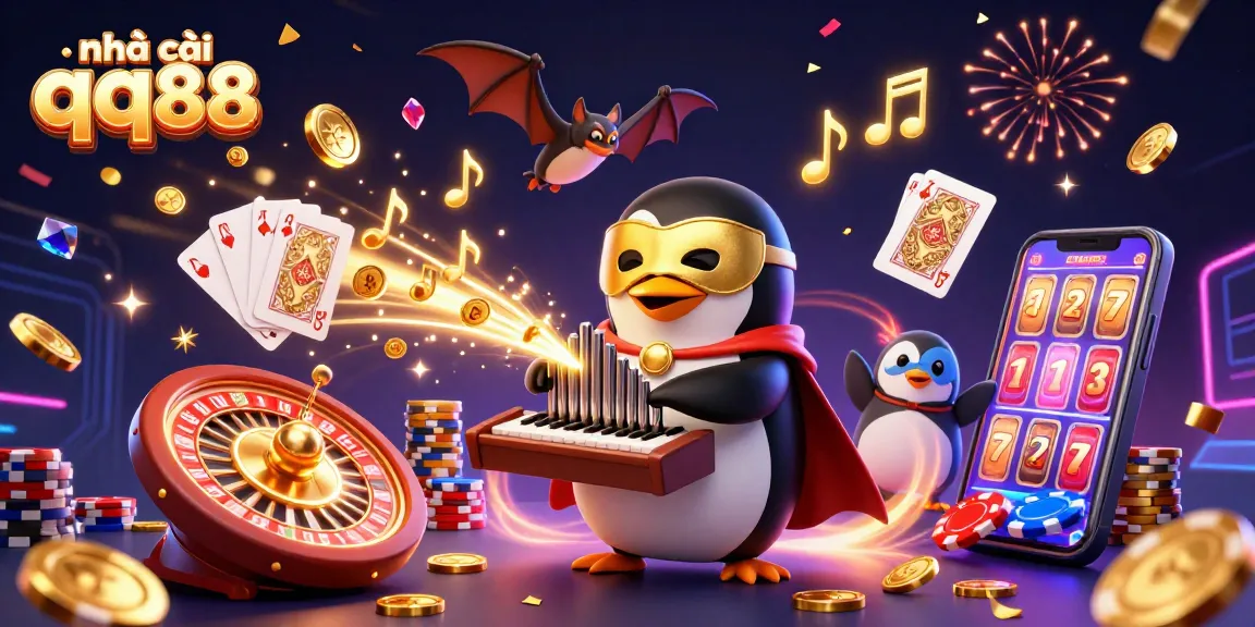 Experience the excitement of nhà cái qq88 with vibrant casino elements and characters celebrating together.