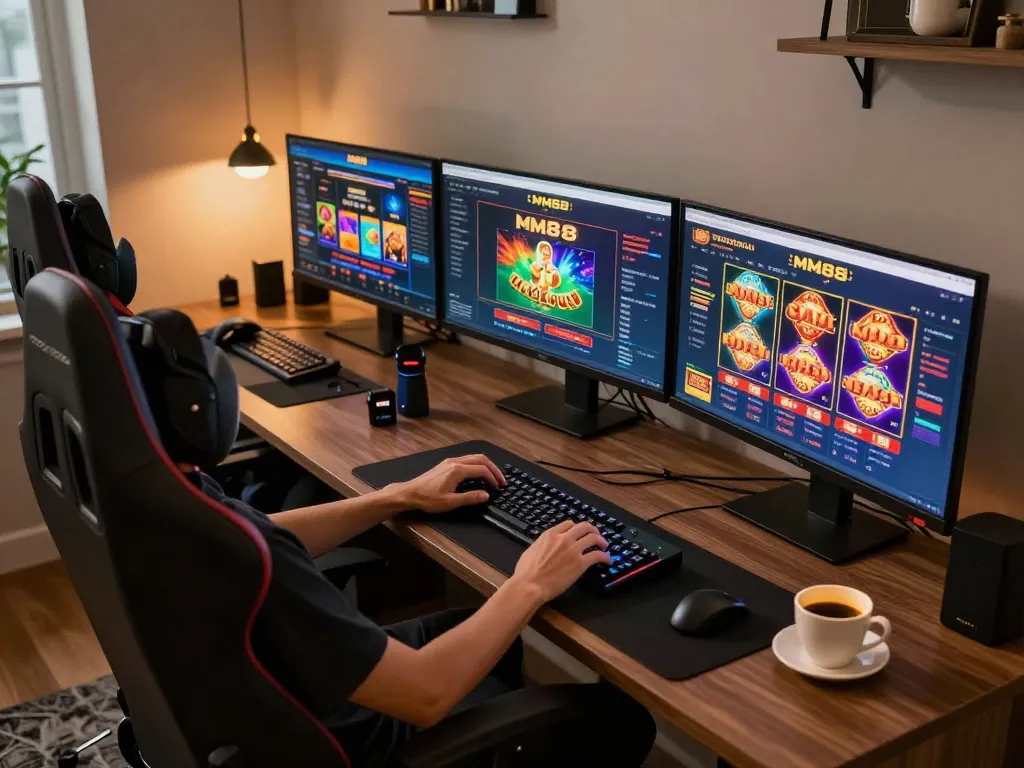 Engaging in online casino gaming experience on MM88 with multiple screens showing vibrant gameplay