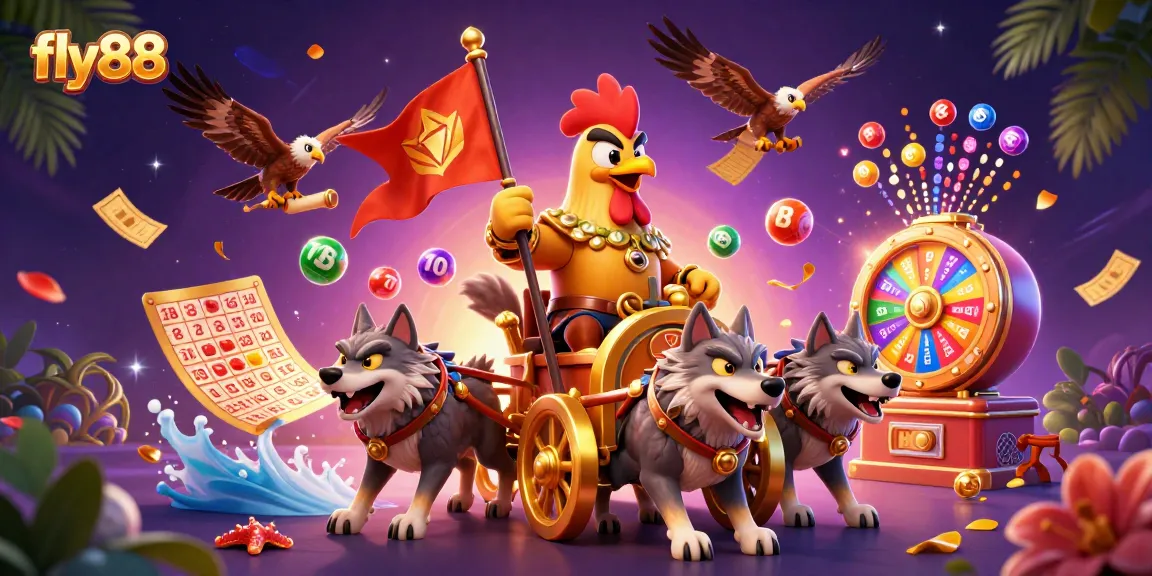 Experience the excitement of fly88 with a vibrant 3D casino illustration featuring a rooster warlord and dynamic game elements.