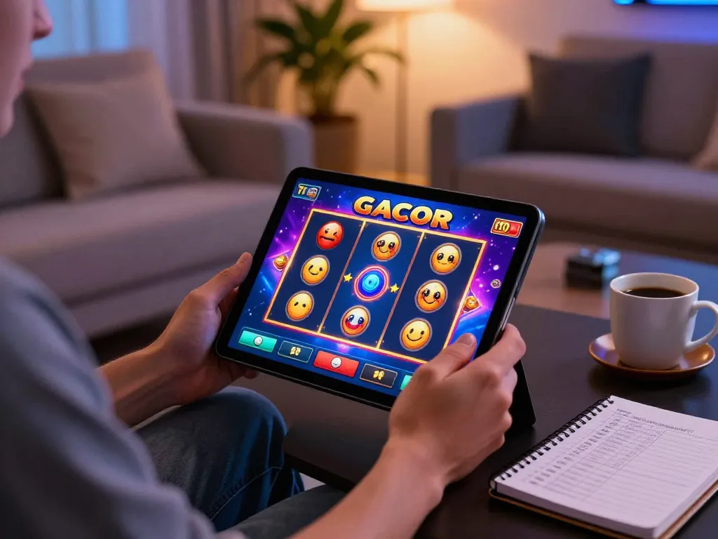 Engaging action on a tablet displaying slot gacor game while enjoying relaxed home gaming.