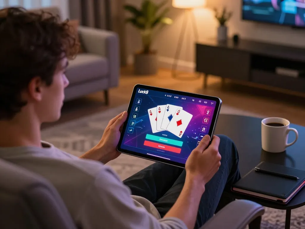 Luck8 đăng nhập scene showcasing a user engaged in online gaming on a tablet in a cozy home.