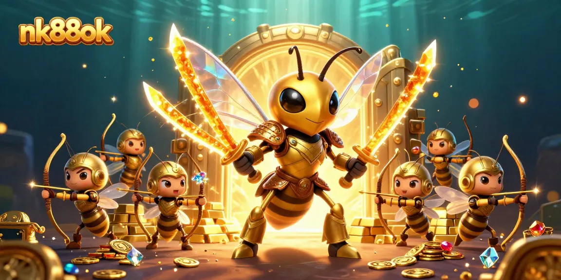 Experience excitement at nk88ok with a stunning 3D illustration showcasing a samurai hornet and golden treasures.