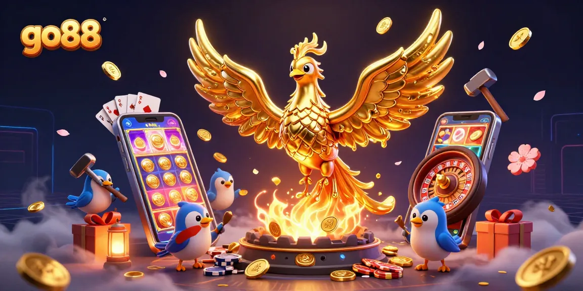 Spin and win at go88 with this stunning 3D illustration showcasing a phoenix and casino elements.