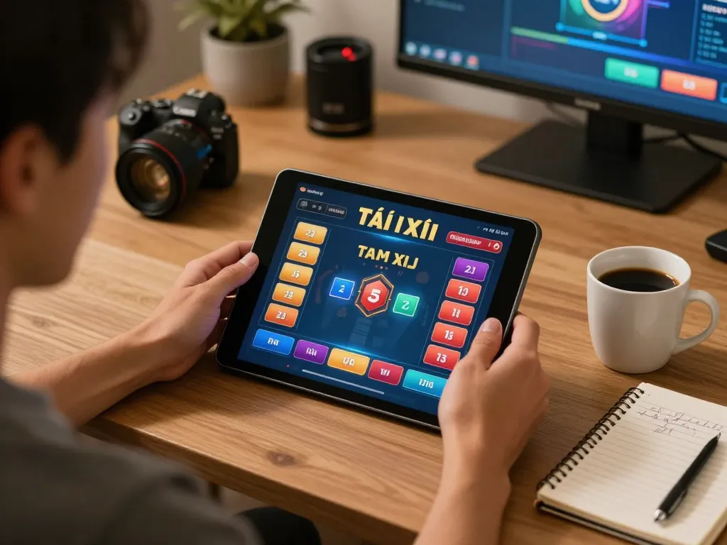 TaiXiuOnlineGo player engaging in online Tài Xỉu game strategy with tablet at home.