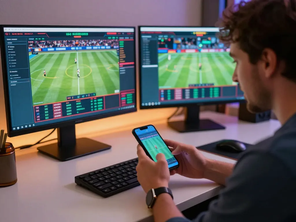 Engaged user experiencing nhà cái 789win sports betting interface on smartphone, analyzing odds