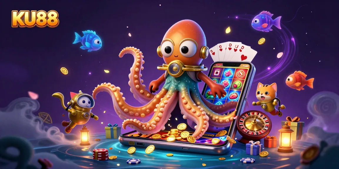 Play exciting slot games at KU88 with a whimsical kraken and vintage diving cat!