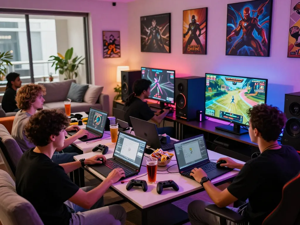 Friends enjoying a gaming session with sunwin setups and vibrant ambience.