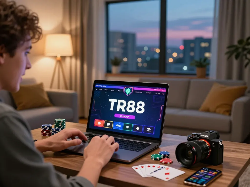 Excited gamer enjoying TR88 online casino games on a laptop with poker chips and city skyline outside.