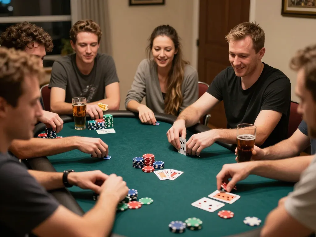 Friends enjoying a lively poker night at home with F8Betz atmosphere.