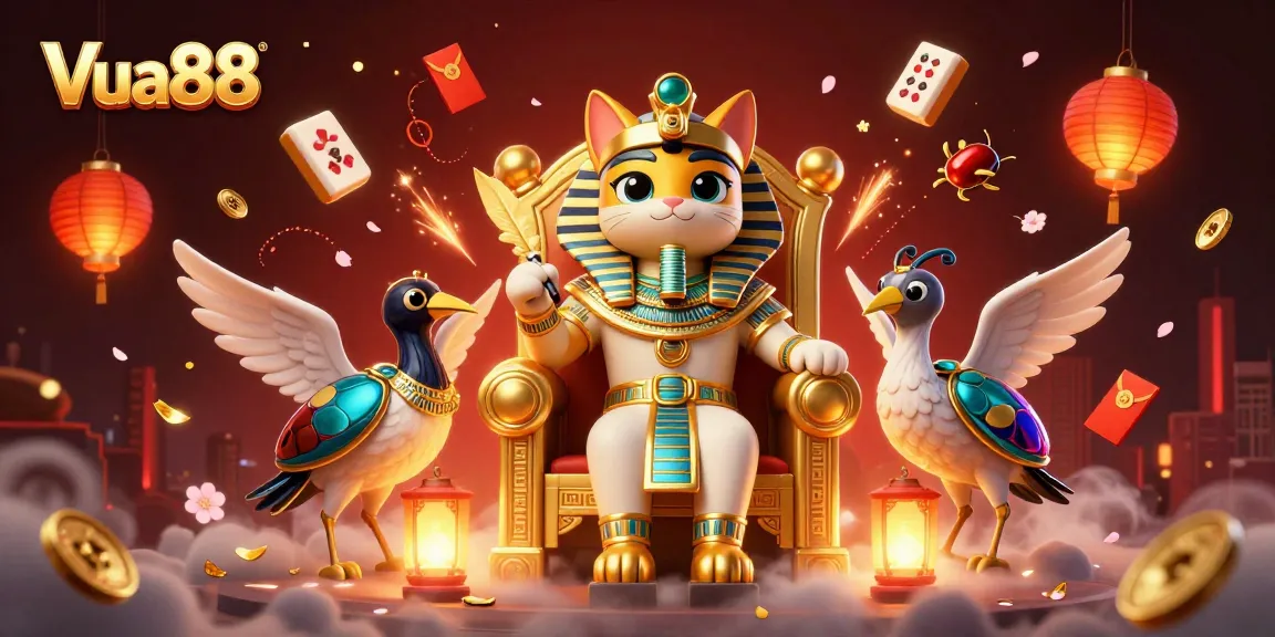 Experience thrilling online gaming with Vua88's vibrant casino scene featuring an Egyptian pharaoh cat.