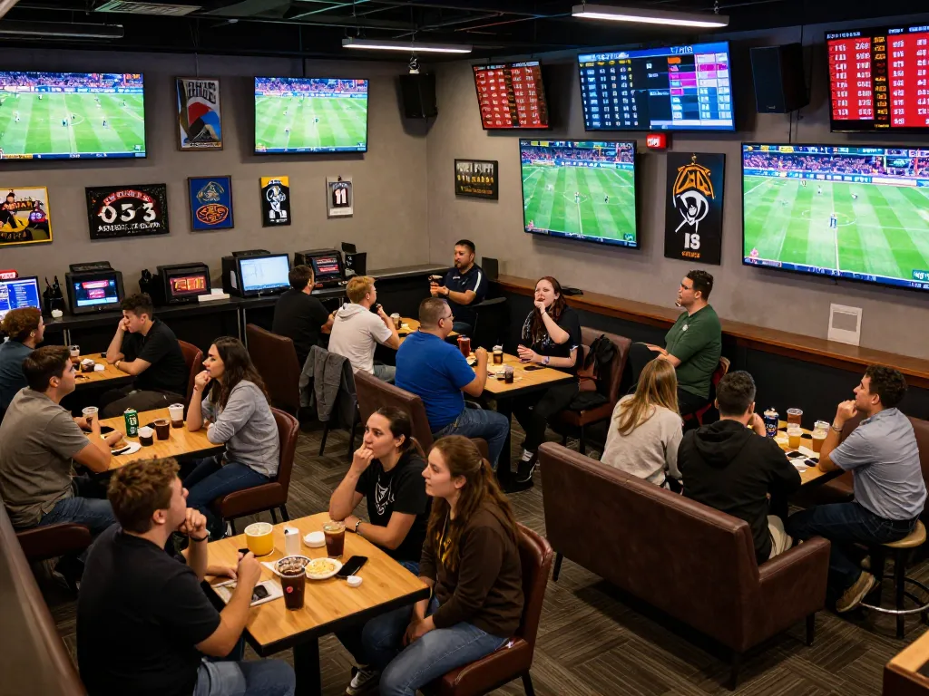 Fans engaging with keobongda sports betting in an energetic lounge atmosphere with live match screens.