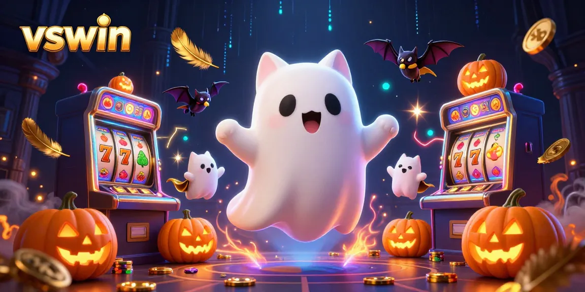 Engage with the thrilling atmosphere of vswin's haunted casino featuring ghostly characters amidst vibrant gaming elements.