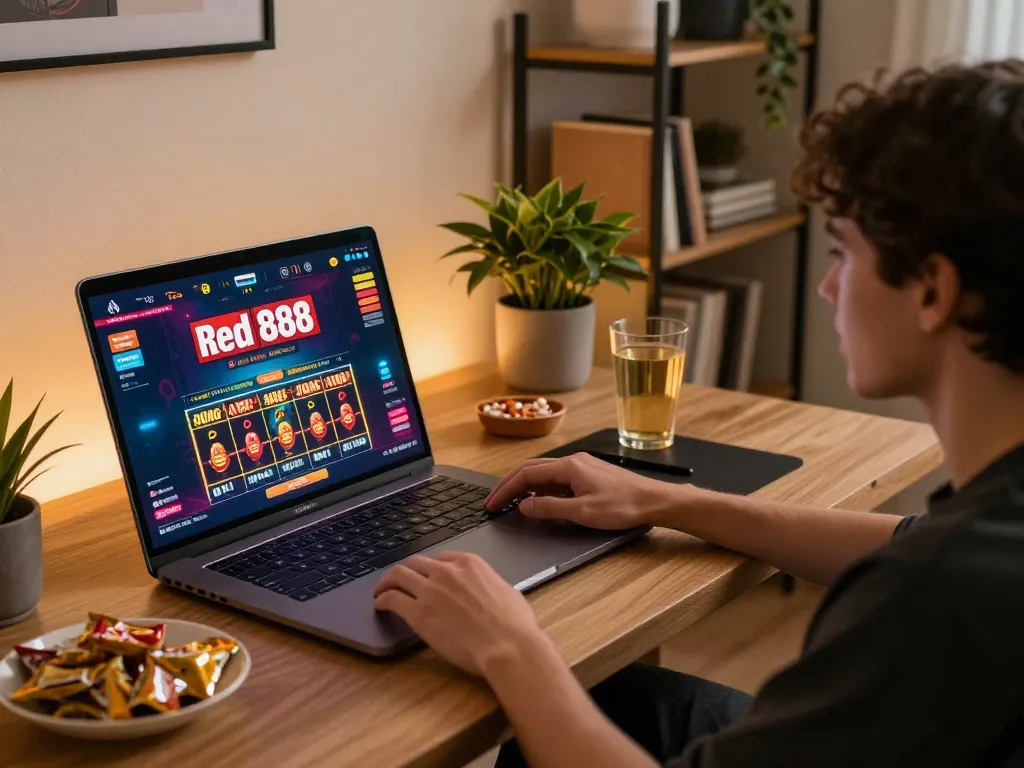 Play poker on red888 with an inviting home gaming setup featuring a laptop and snacks