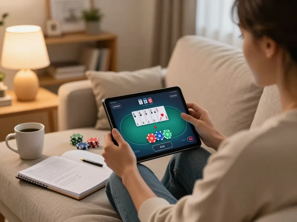 B52 Club player enjoying responsible gambling on a tablet in a cozy living room.