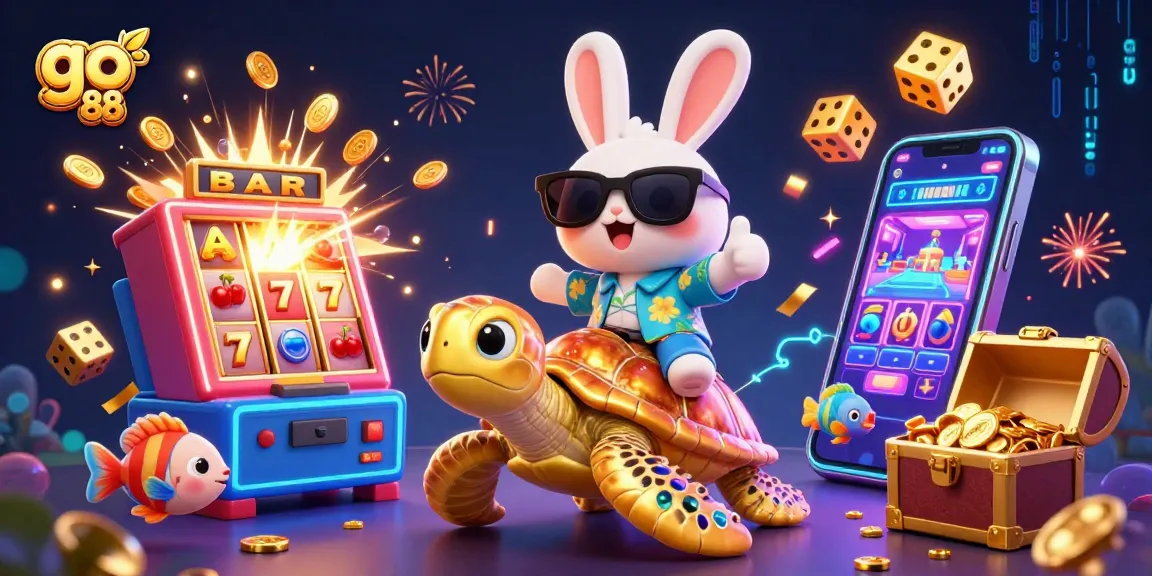 Experience the thrill at go 88 with a lucky rabbit riding a golden turtle amidst a vibrant casino atmosphere.