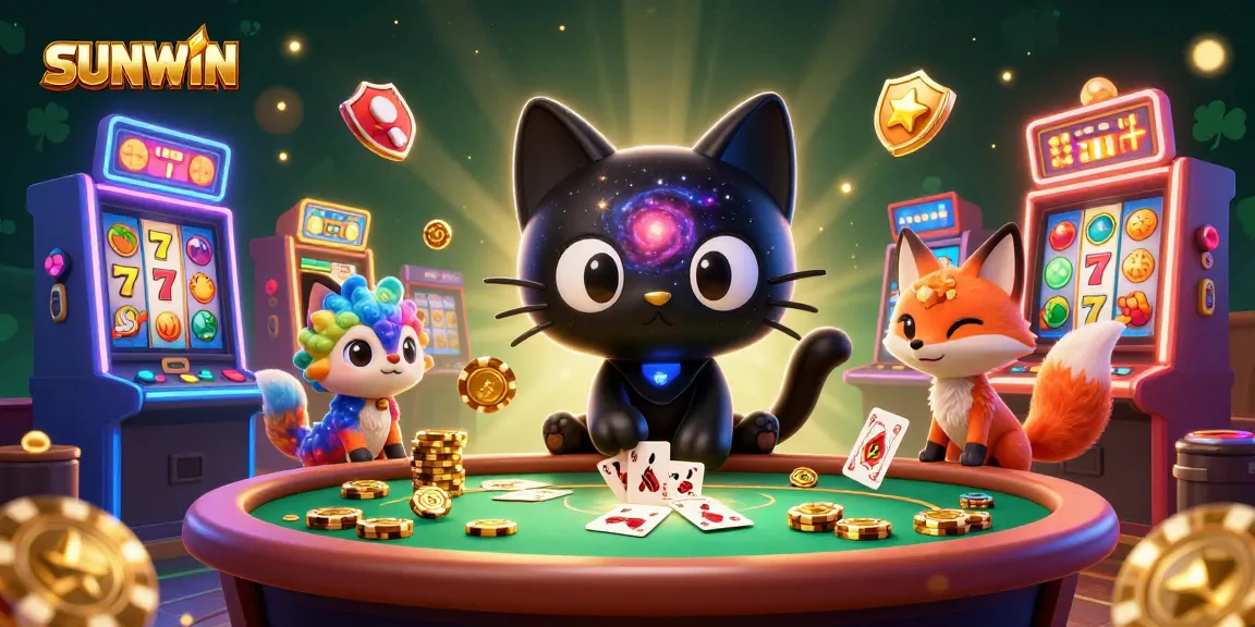SUNWIN casino scene featuring a black hole cat pulling in tokens with a nebula fox companion amidst vibrant slot machines.