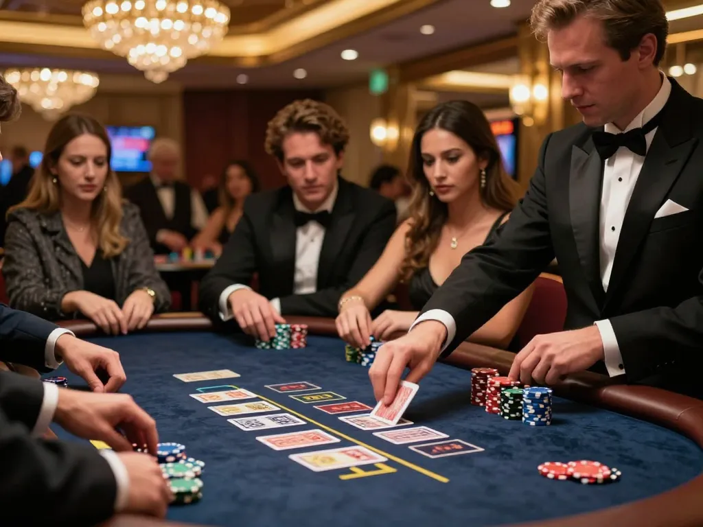Hitclub players strategizing during an intense blackjack game, showcasing immersive casino atmosphere.