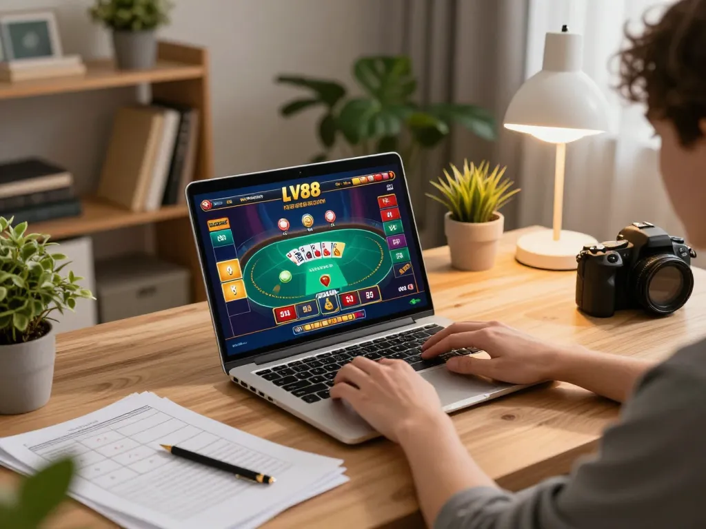 Gamer engaging with LV88 online casino on laptop, showcasing strategic gameplay and inviting home atmosphere.