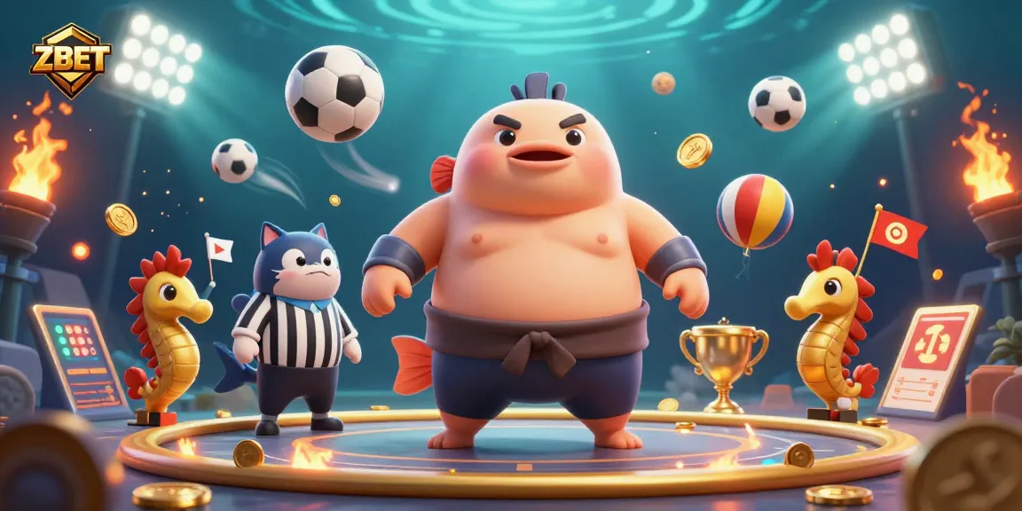 ZBET engages players with a vibrant underwater casino scene featuring a fugu in a sumo belt and cheering seahorses.