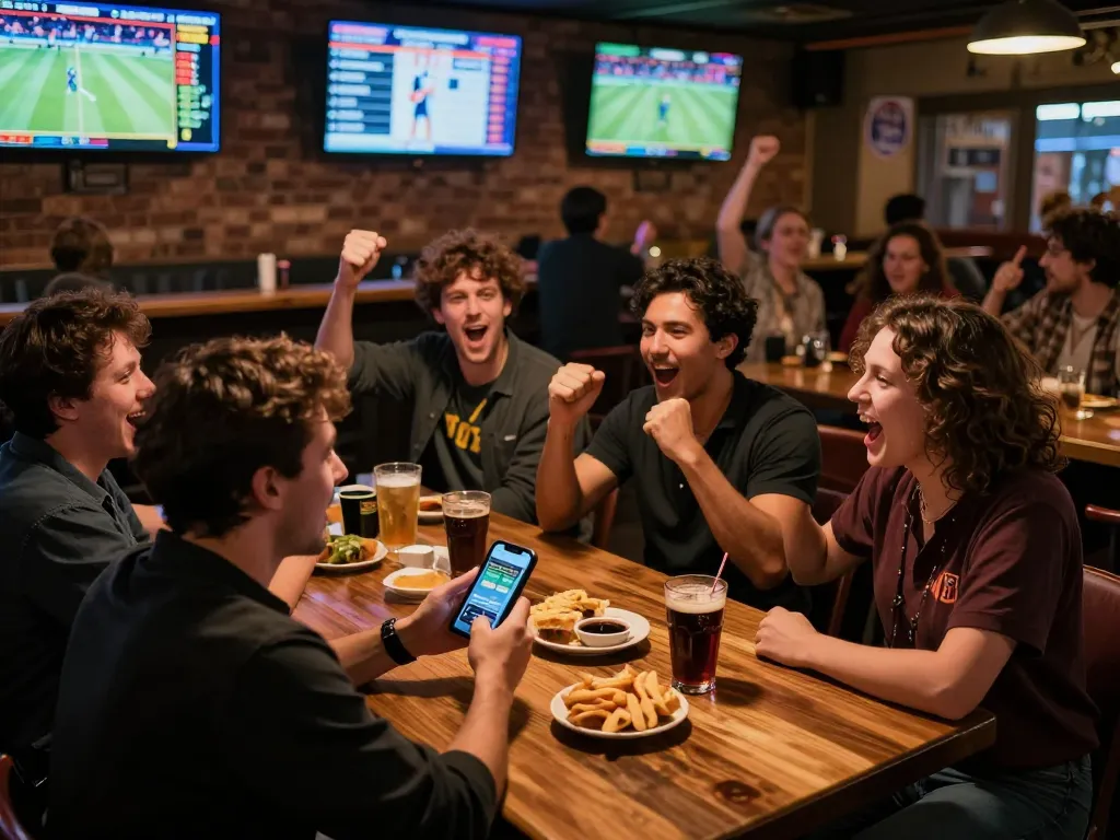 Engaged patrons checking kèo nhà cái hôm nay at a lively sports bar during a match.