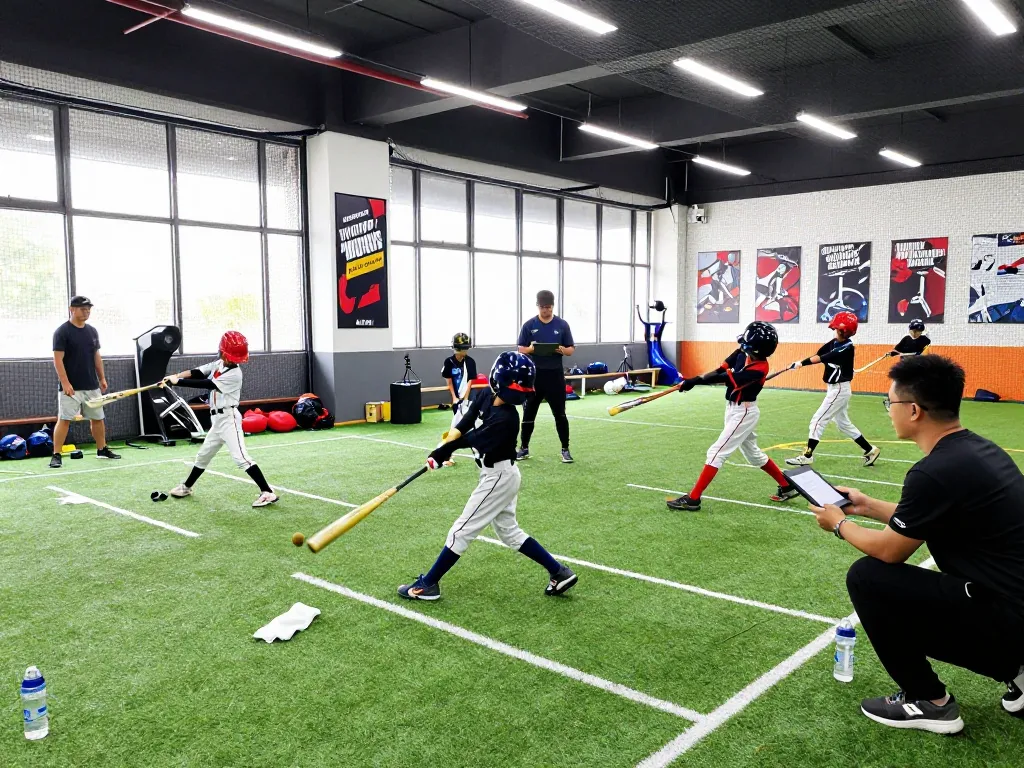 Young athletes training at HitClub baseball facility, coaches providing guidance in a dynamic indoor environment.