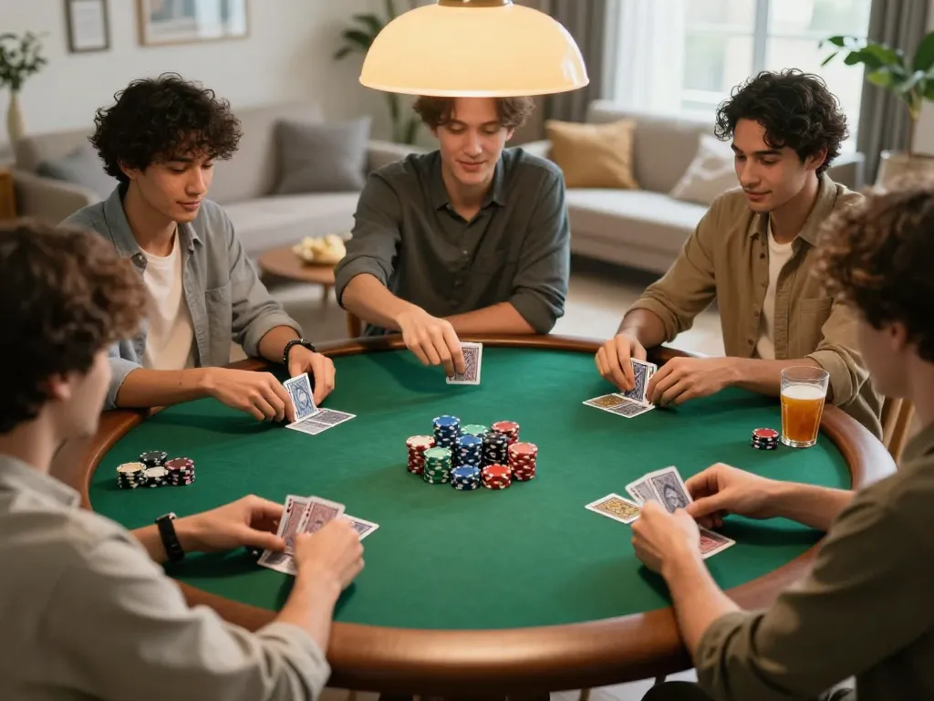 Friends enjoying a competitive poker game at home while playing qq88, showcasing colorful chips and cards.