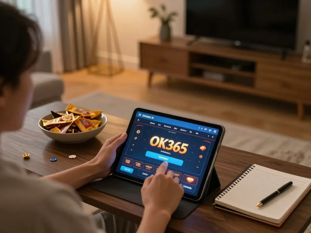 Engaged player accessing OK365 đăng nhập on tablet, showcasing an inviting home gaming environment