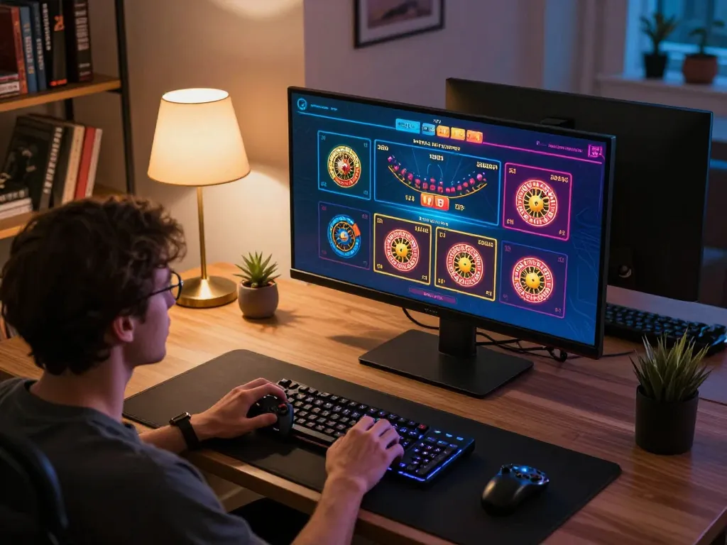 Engaged player navigating hz88 online casino games in a modern home office setup.
