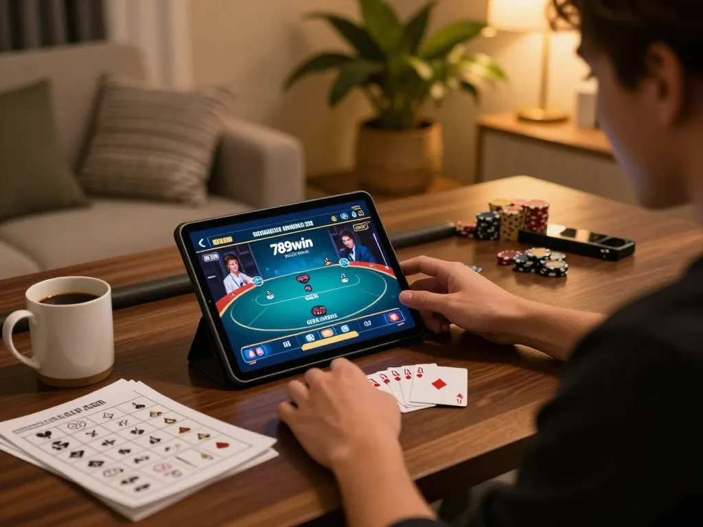 Engaged player strategizing in the exciting world of 789win online casino from home.