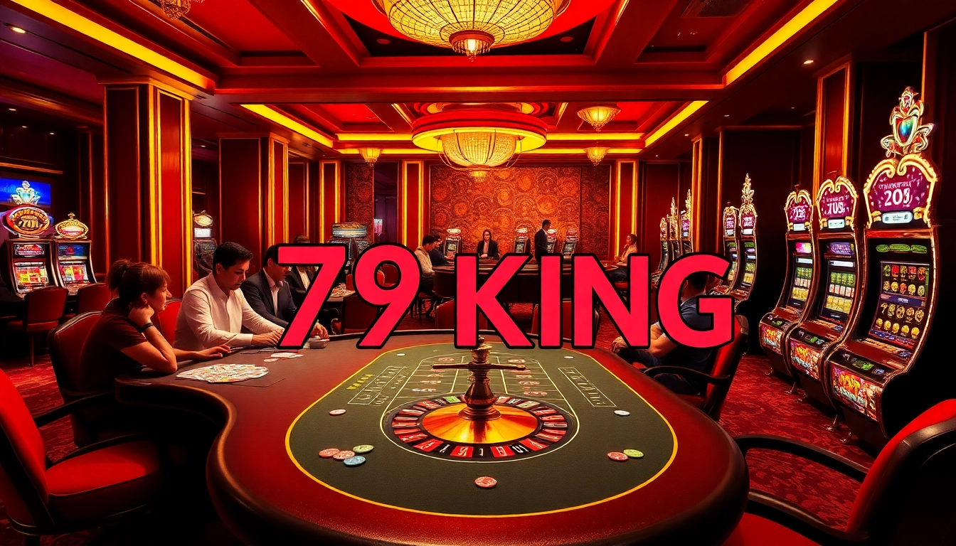 Thrilling casino experience with action at 79KING poker table and vibrant slot machines.