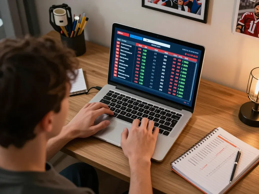 Engaging scene of a focused user placing a sports bet on 7mcn, highlighting live betting odds and strategic analysis.