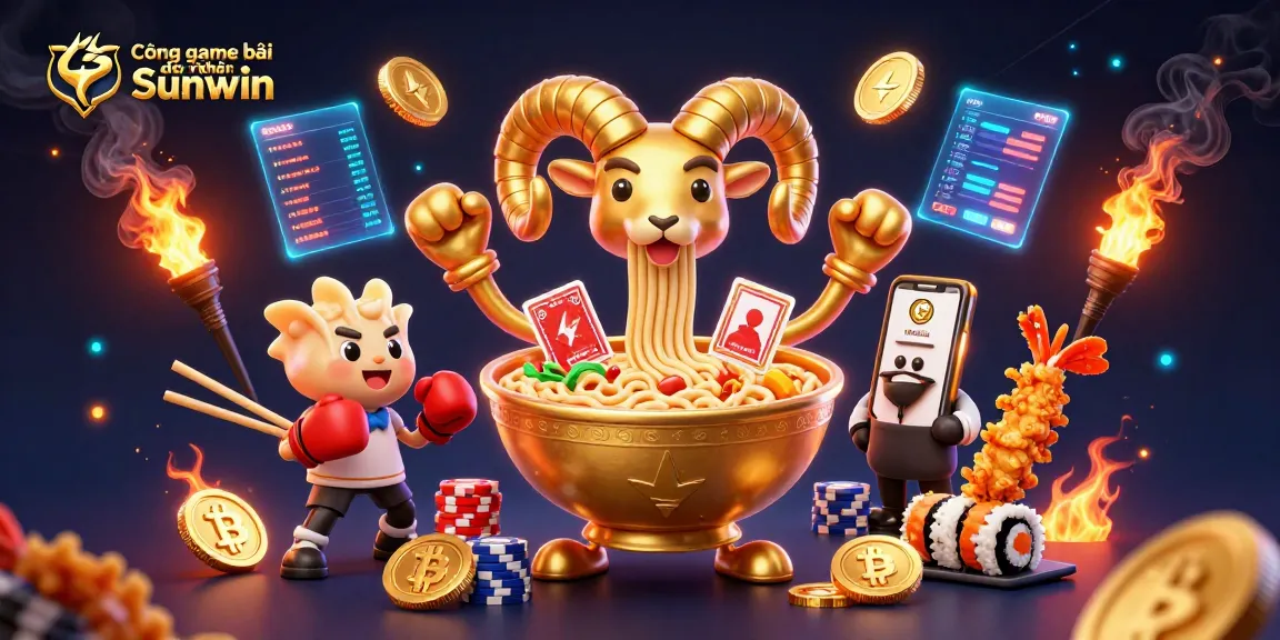 Cổng game bài đổi thưởng Sunwin features a golden ramen bowl dealer stacking chips and cards, surrounded by dynamic casino elements.