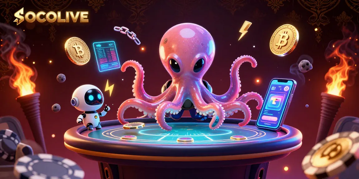 SOCOLIVE showcases thrilling poker action with a vibrant alien octopus at a holographic poker table.