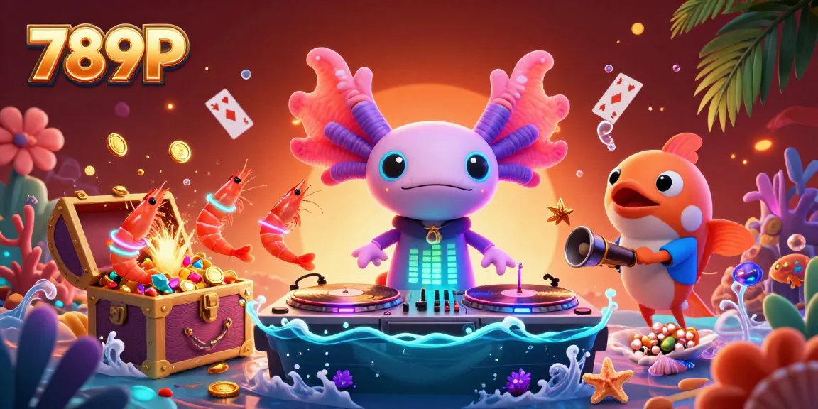 Engage with 789P's vibrant underwater casino scene featuring a DJ axolotl and dancing shrimp amidst treasure and games.