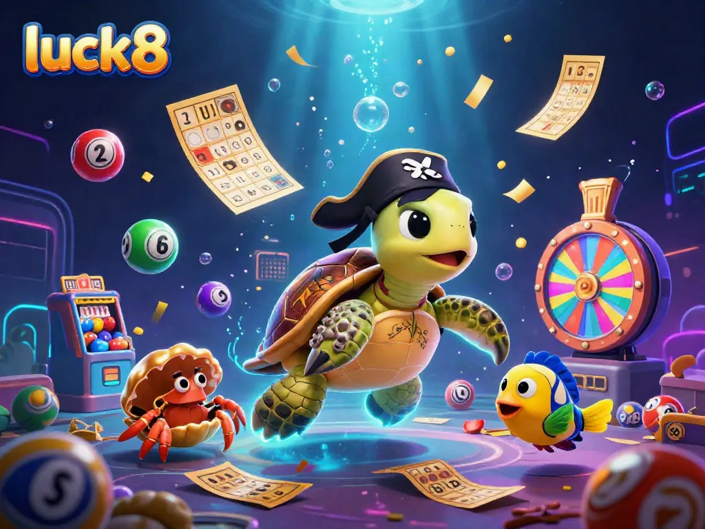 Engage in winning lottery fun with luck8 in this colorful 3D treasure scene featuring animated characters.