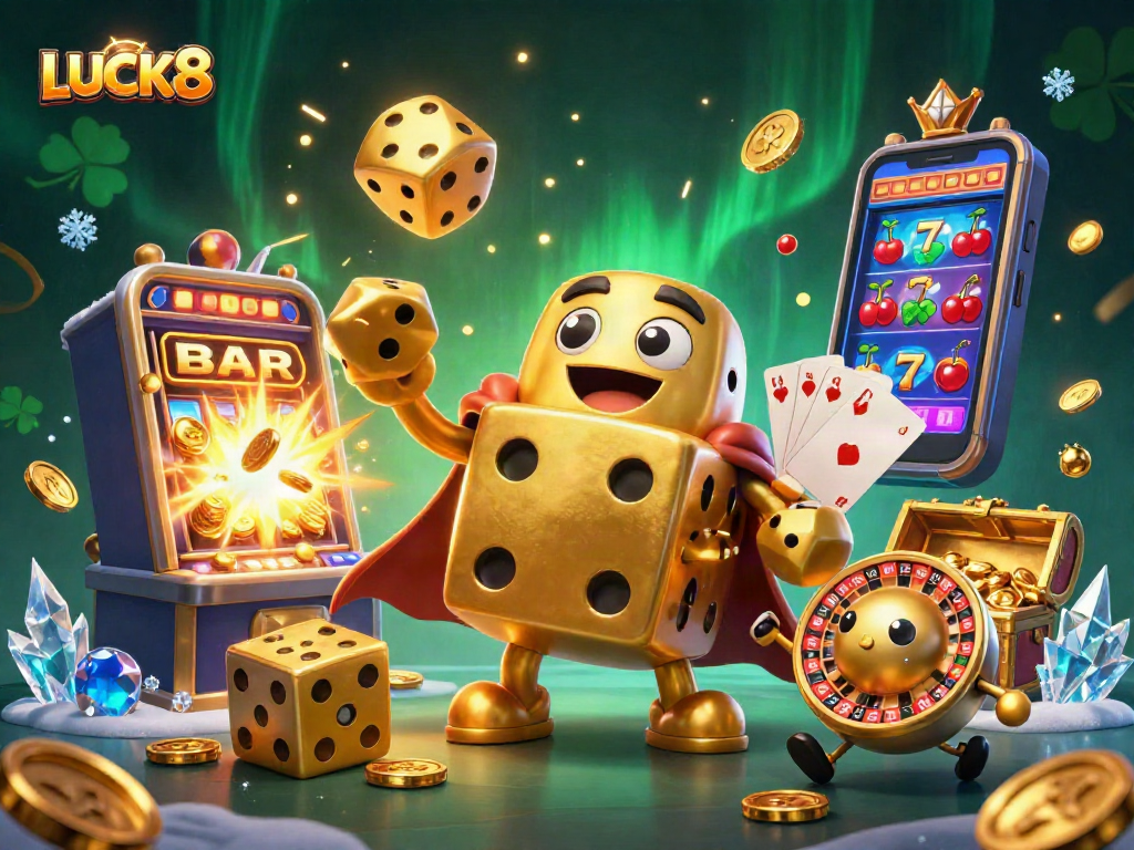 LUCK8 tạo ra không khí vui vẻ với hình ảnh các nhân vật xúc xắc vàng và máy slot, thể hiện sự phấn khích trong sòng bạc.